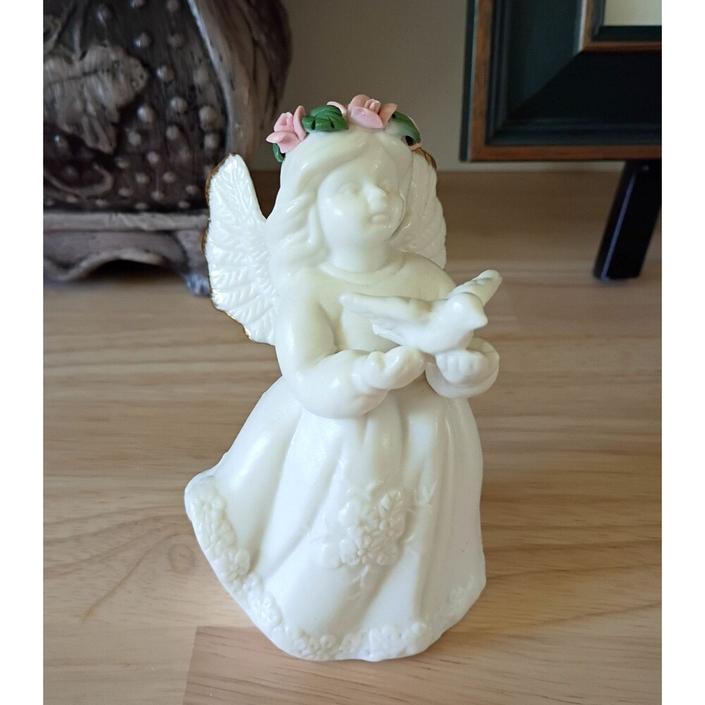 White Ceramic Angel Holding Bird Gold Trim Wings Figurine 5 Inches tall